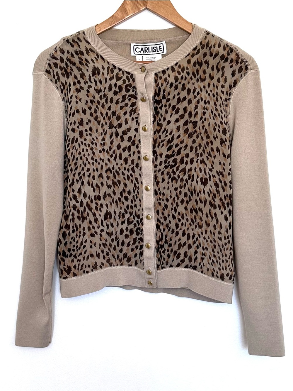 2PC Carlisle Cardigan Top Set Women’s Large Beige Leopard Silk Long Sleeve